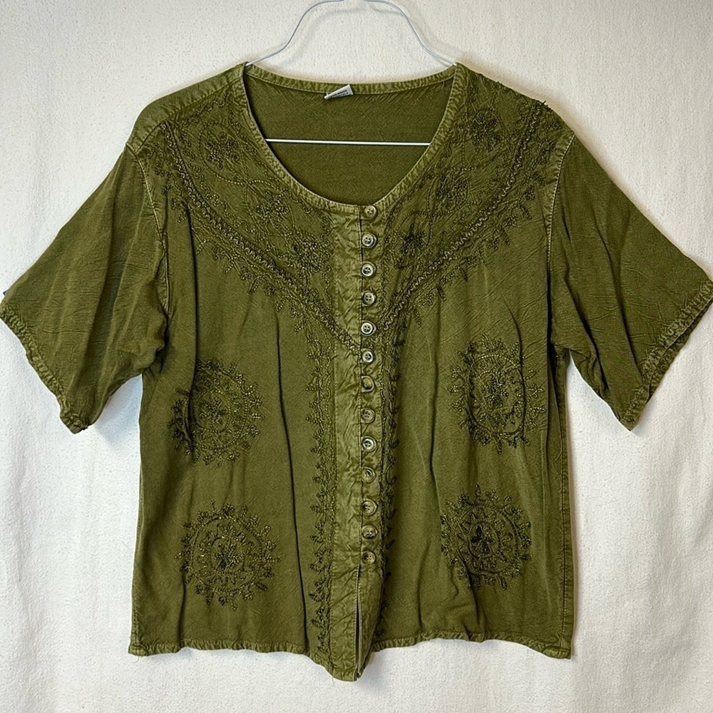 Marketplace Handiwork of India Women’s Top Olive Green Free Size (L) Embroidered